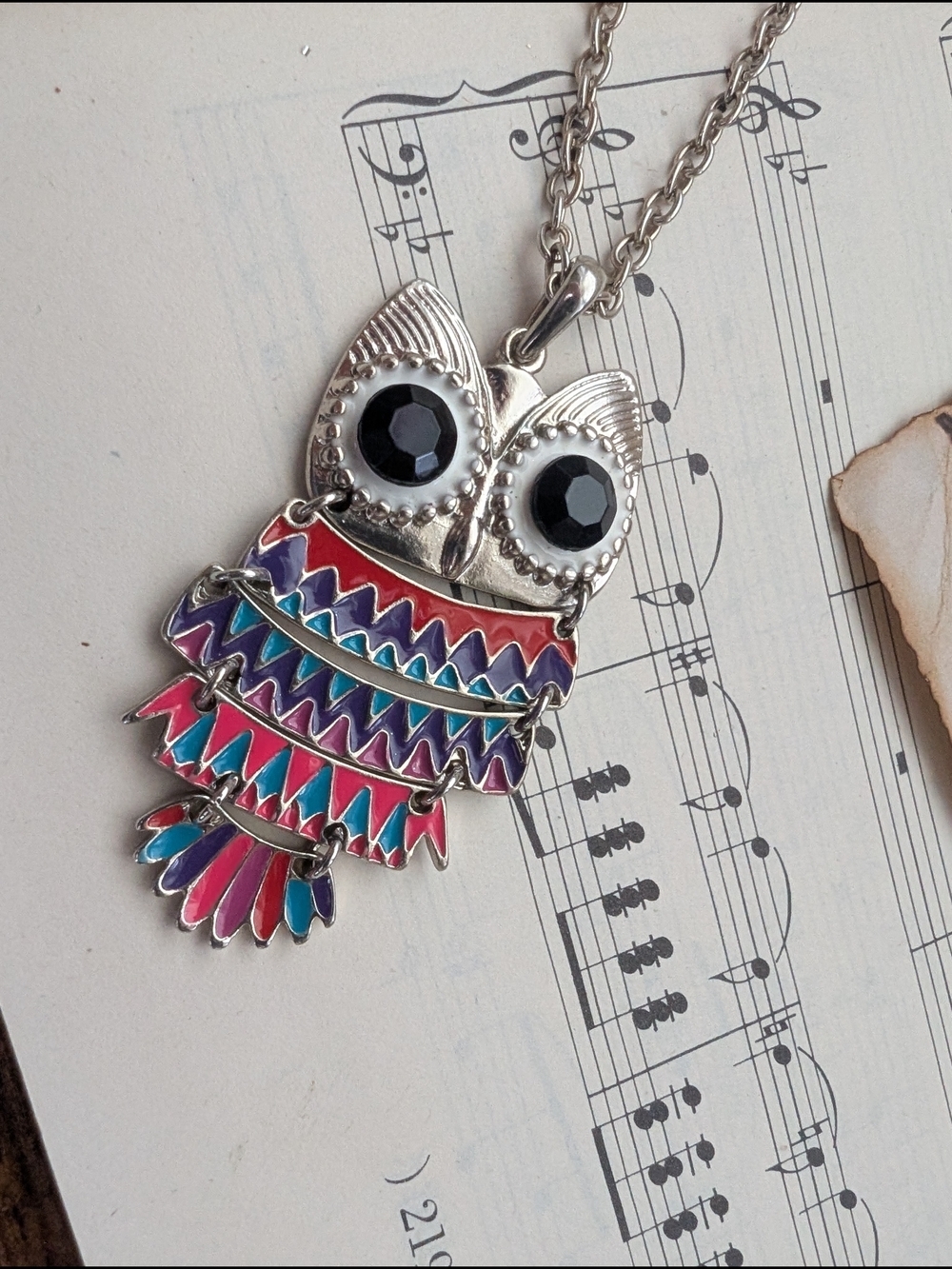 Colorful Enamel Owl Pendant Necklace - Silver Tone, Multicolor
